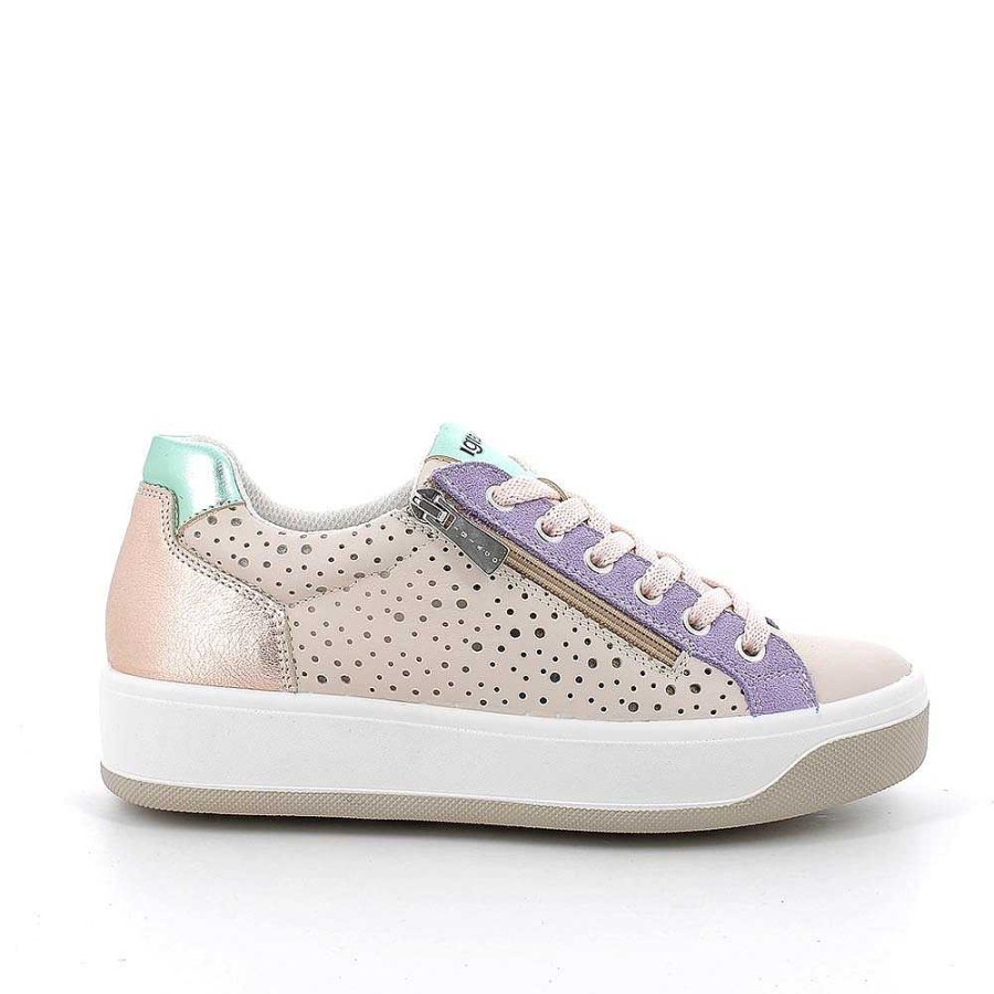 Igi&Co Sneakers In Pelle Da Donna Ecru-Lilla Sneakers