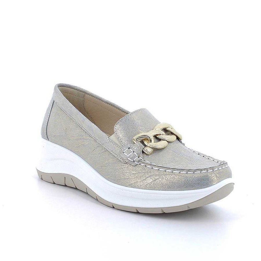 Igi&Co Mocassini Con Zeppa In Pelle Da Donna Platino Mocassini E Slip On