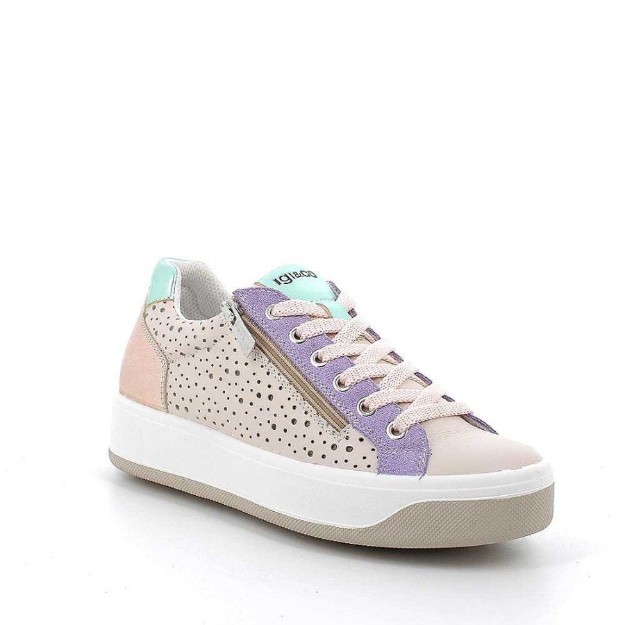 Igi&Co Sneakers In Pelle Da Donna Ecru-Lilla Sneakers